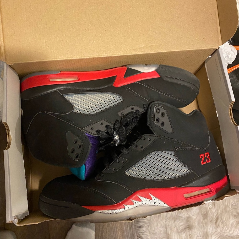Jordan 5s black, red, purple and teal
